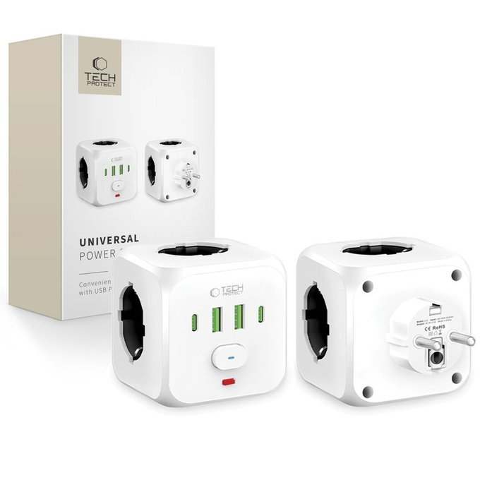 Predlžovací kábel PCL3X4 Power Socket, 2× USB + 2× USB-C, 3 zásuvky, biela, Tech-Protect