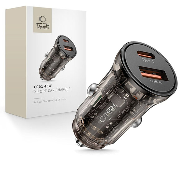 Autonabíjačka CC01 2-PORT PD 45W / QC3.0, čierna, Tech-Protect