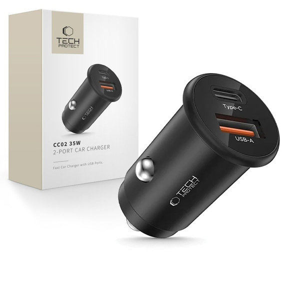 Autonabíjačka CC02 2-PORT PD 35W / QC3.0, čierna, Tech-Protect
