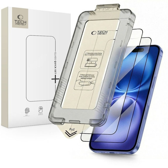 Tvrdené sklo (2ks) Quick Set+ pre iPhone 15 / 16, čierna, Tech-Protect