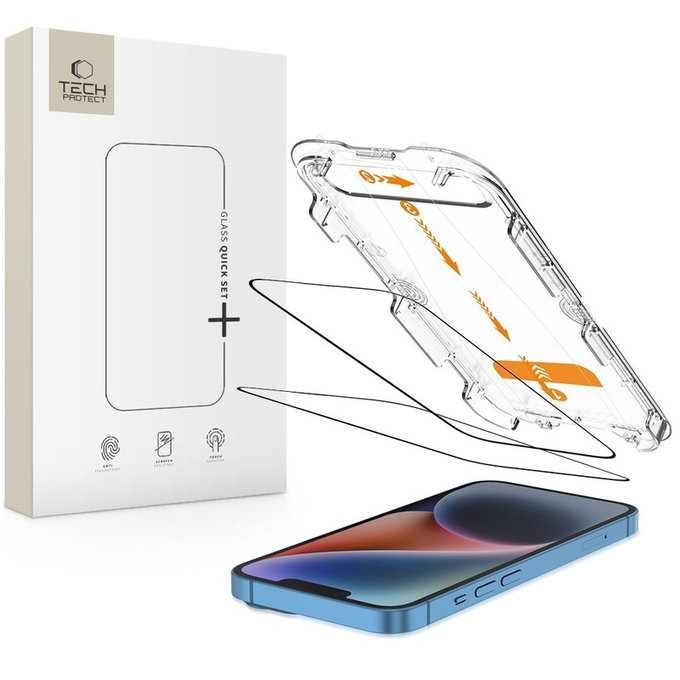Tvrdené sklo (2ks) Quick Set+ pre iPhone 13 / 13 Pro / 14 / 16E / 17E, čierna, Tech-Protect