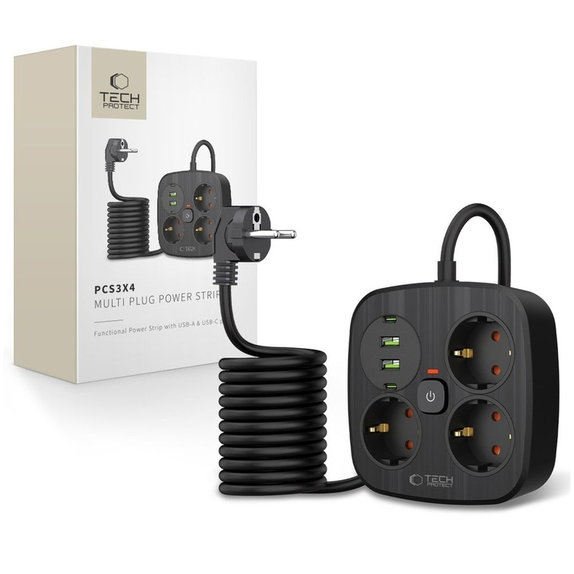 Predlžovací kábel PCS3X4 Power Strip, 2× USB + 2× USB-C, 3 zásuvky, 200 cm, čierna, Tech-Protect