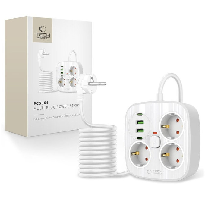 Predlžovací kábel PCS3X4 Power Strip, 2× USB + 2× USB-C, 3 zásuvky, 200 cm, biela, Tech-Protect