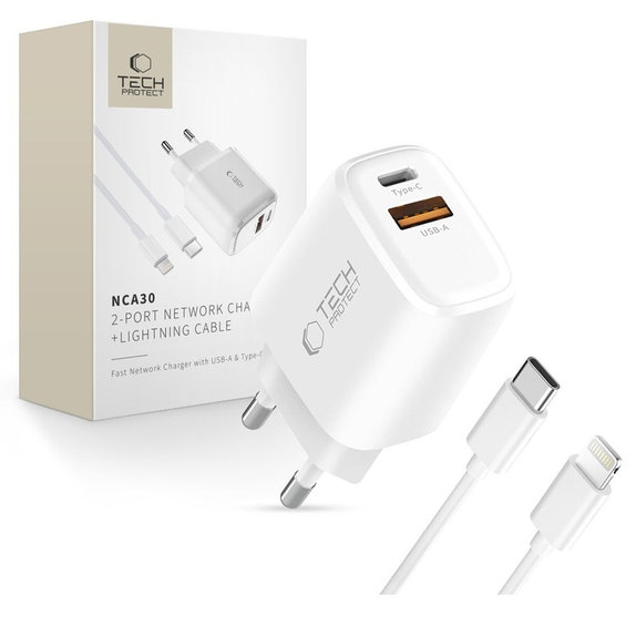 Sieťová nabíjačka NCA30 2-PORT PD 30W / QC3.0 + Lightning Cable, biela, Tech-Protect