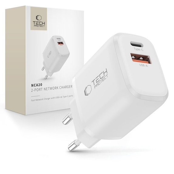 Sieťová nabíjačka NCA20 2-PORT PD 20W / QC3.0, biela, Tech-Protect