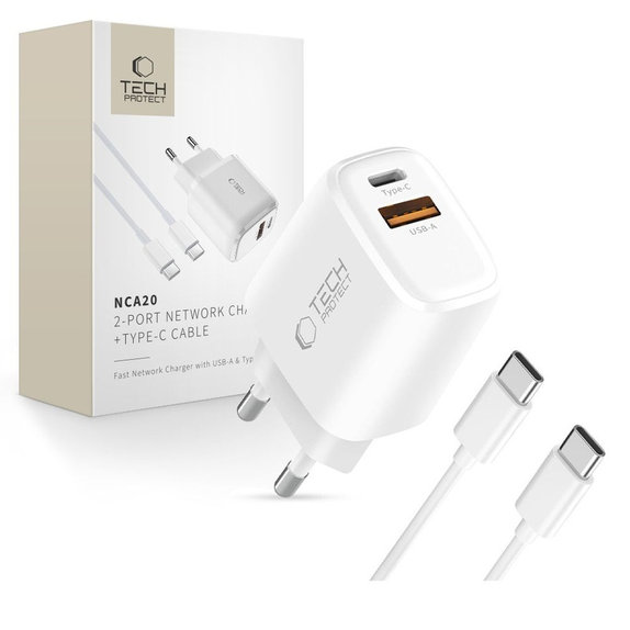 Sieťová nabíjačka NCA20 2-PORT PD 20W / QC3.0 + USB-C Cable, biela, Tech-Protect