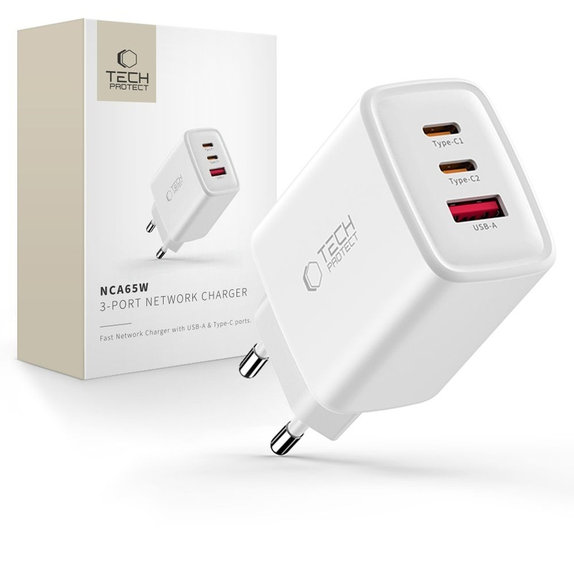 Sieťová nabíjačka NCA65W-GAN 3-PORT PD 65W / QC3.0, biela, Tech-Protect