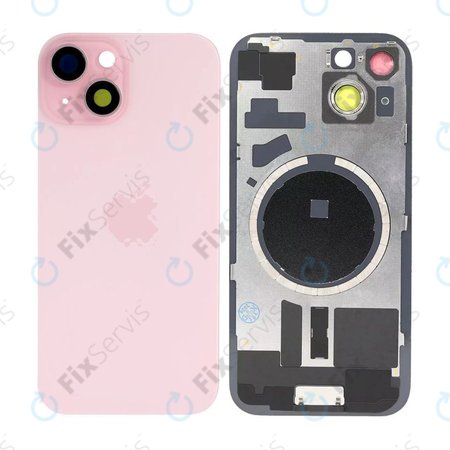 Apple iPhone 15 - Sklo Zadného Housingu + Sklíčko Kamery + Kovový Pliešok + Magsafe Magnet (Pink)
