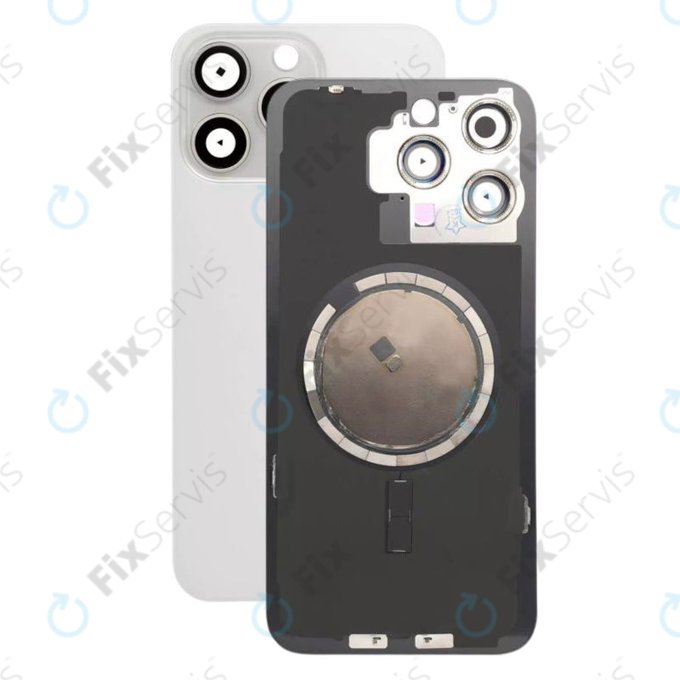 Apple iPhone 15 Pro Max - Sklo Zadného Housingu + Sklíčko Kamery + Kovový Pliešok + Magsafe Magnet (White Titanium)
