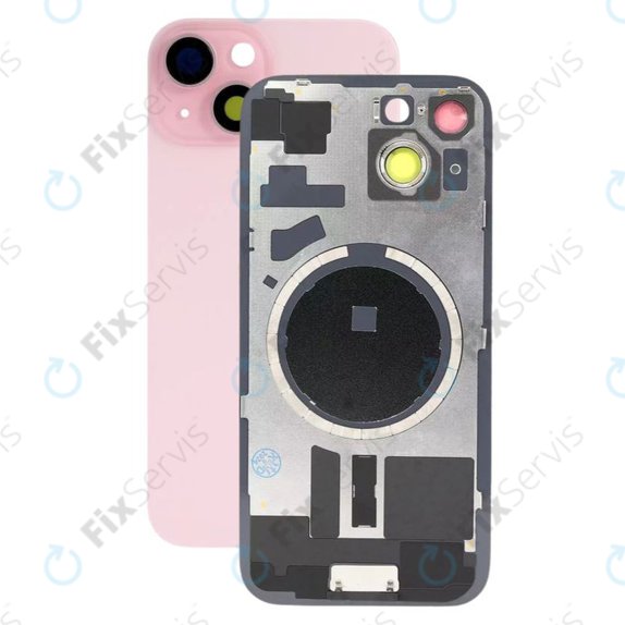 Apple iPhone 15 - Sklo Zadného Housingu + Sklíčko Kamery + Kovový Pliešok + Magsafe Magnet (Pink)