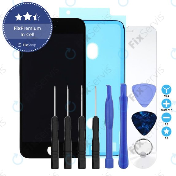 Displej In-Cell pre iPhone 8, SE (2020), SE (2022), Black, Dotykové sklo s rámom, Lepka (Adhesive), Tvrdené sklo, Sada náradia, FixPremium