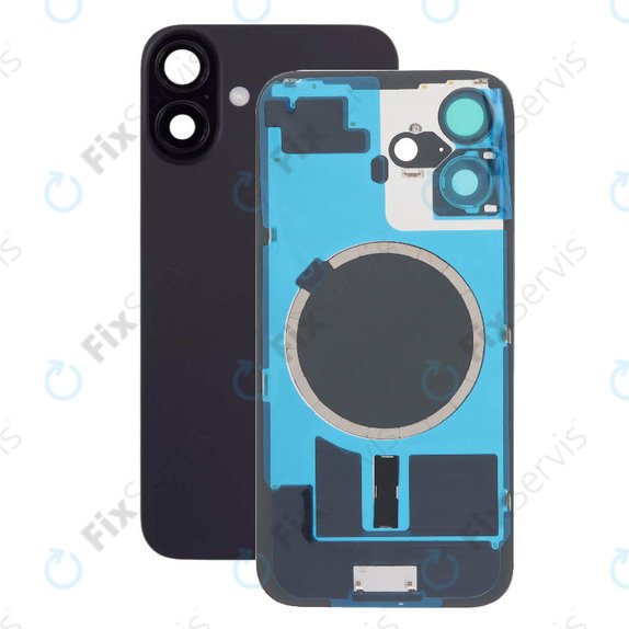 Apple iPhone 16 - Sklo Zadného Housingu + Sklíčko Kamery + Kovový Pliešok + Magsafe Magnet (Black)